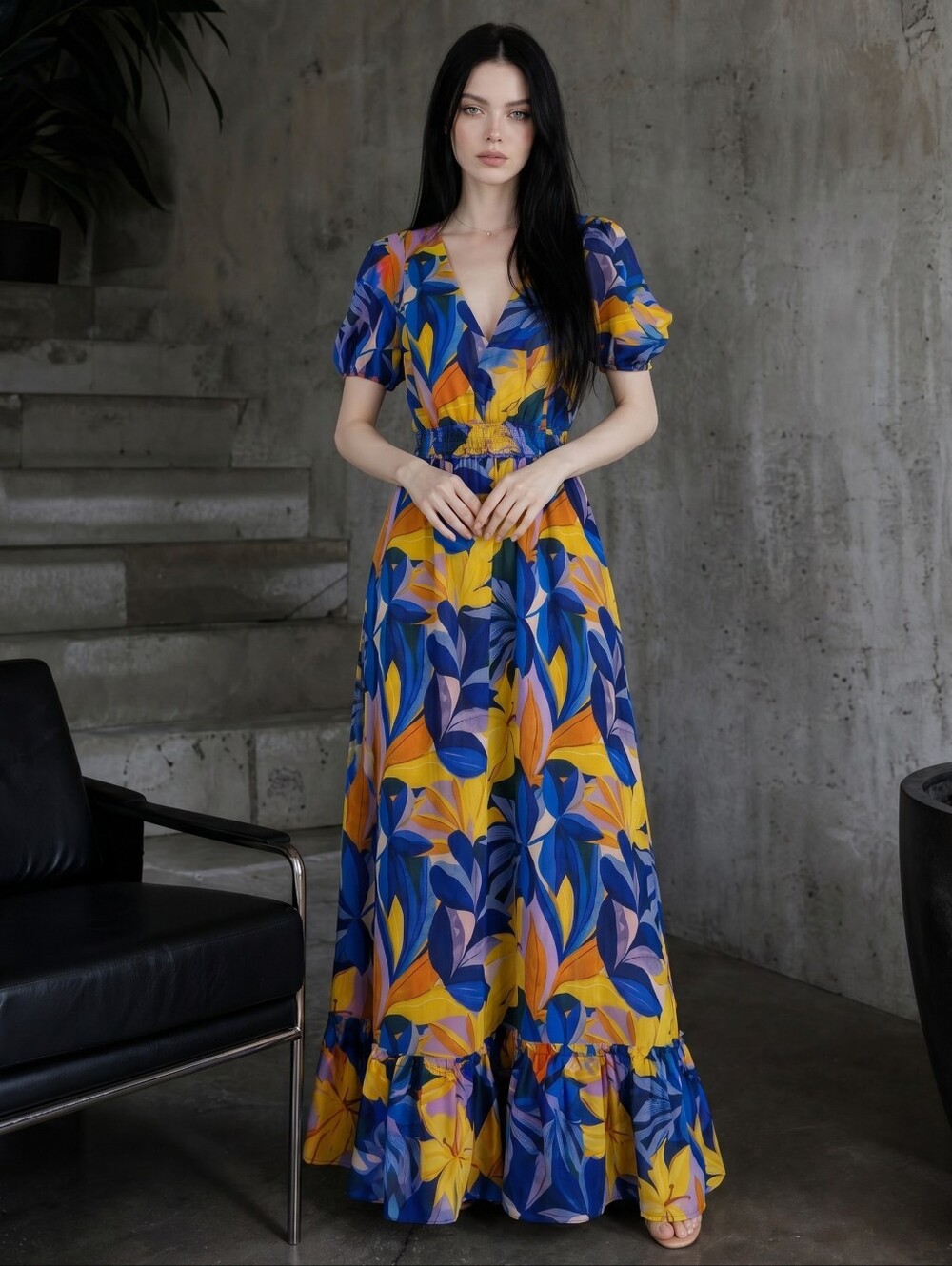 DR2 Tropical Floral Puff Sleeve Maxi Dress NWT Size Medium Colorful Resortcore